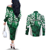 Queensland Maori Kiwi Personalised Couples Matching Off The Shoulder Long Sleeve Dress and Long Sleeve Button Shirt Kikirangi Papua Shell Maori Tribal Tattoo LT9 - Polynesian Pride