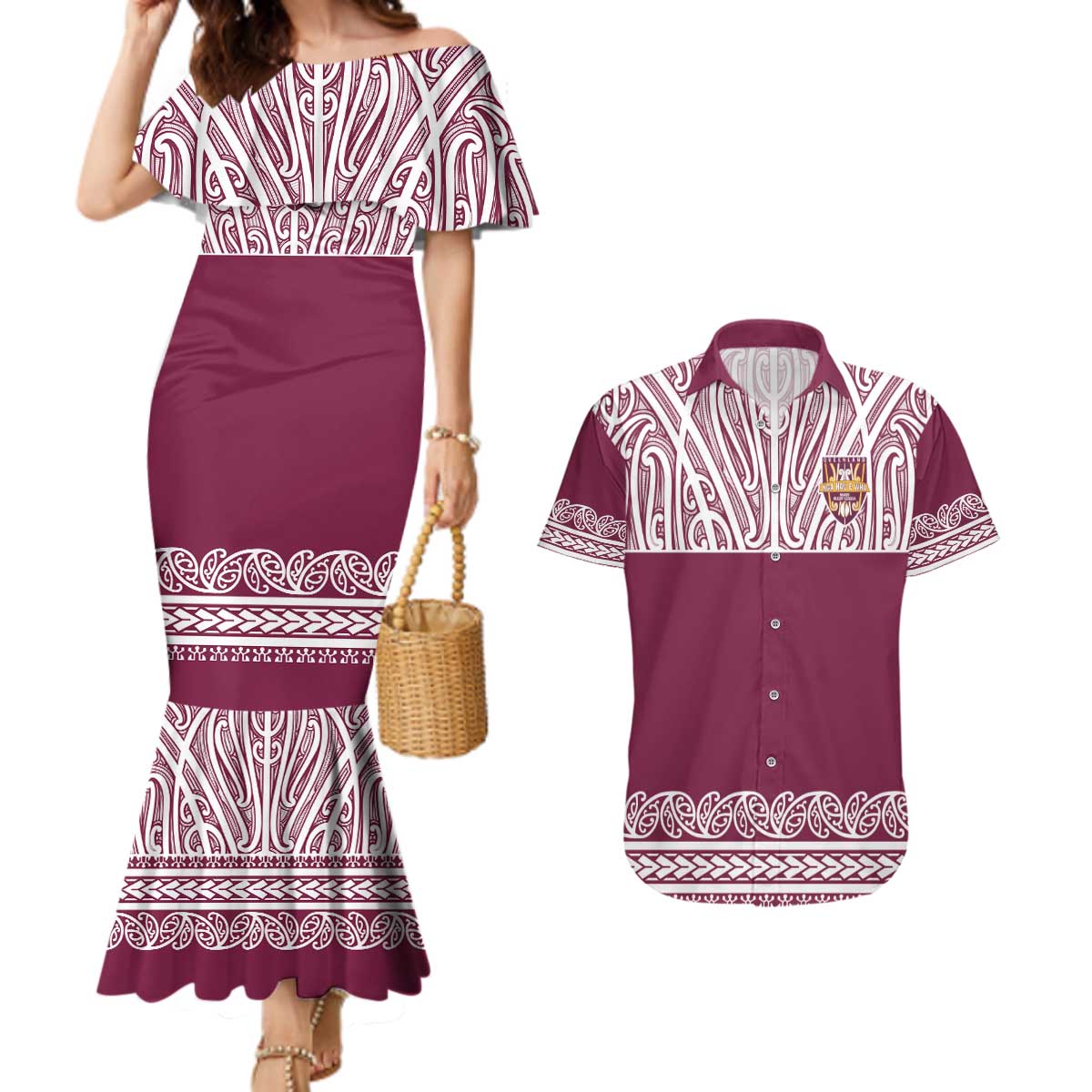Queensland Maori Nga Hau E Wha Custom Couples Matching Mermaid Dress and Hawaiian Shirt Polynesian Maori Tribal Pattern