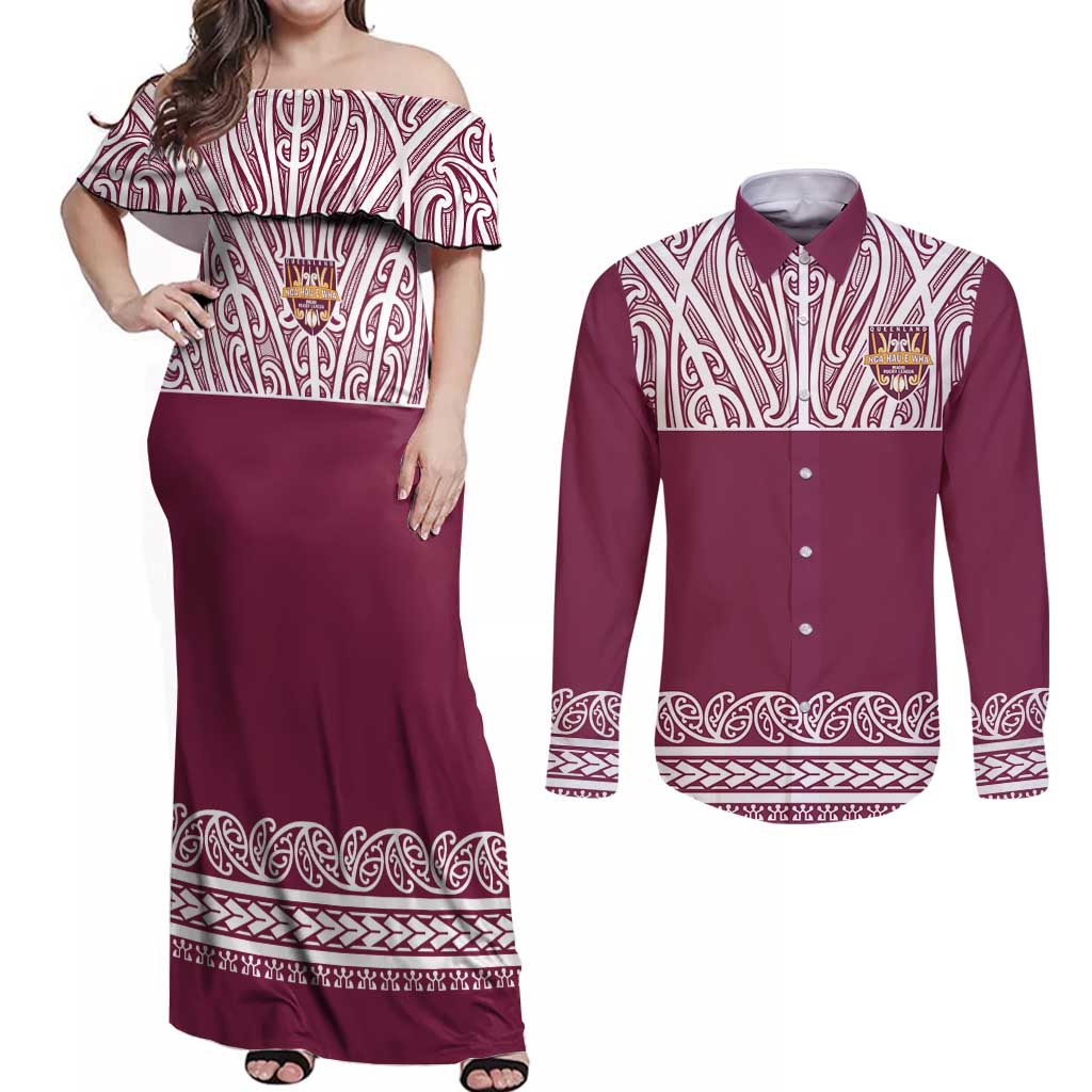 Queensland Maori Nga Hau E Wha Custom Couples Matching Off Shoulder Maxi Dress and Long Sleeve Button Shirt Polynesian Maori Tribal Pattern