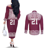 Queensland Maori Nga Hau E Wha Custom Couples Matching Off The Shoulder Long Sleeve Dress and Long Sleeve Button Shirt Polynesian Maori Tribal Pattern