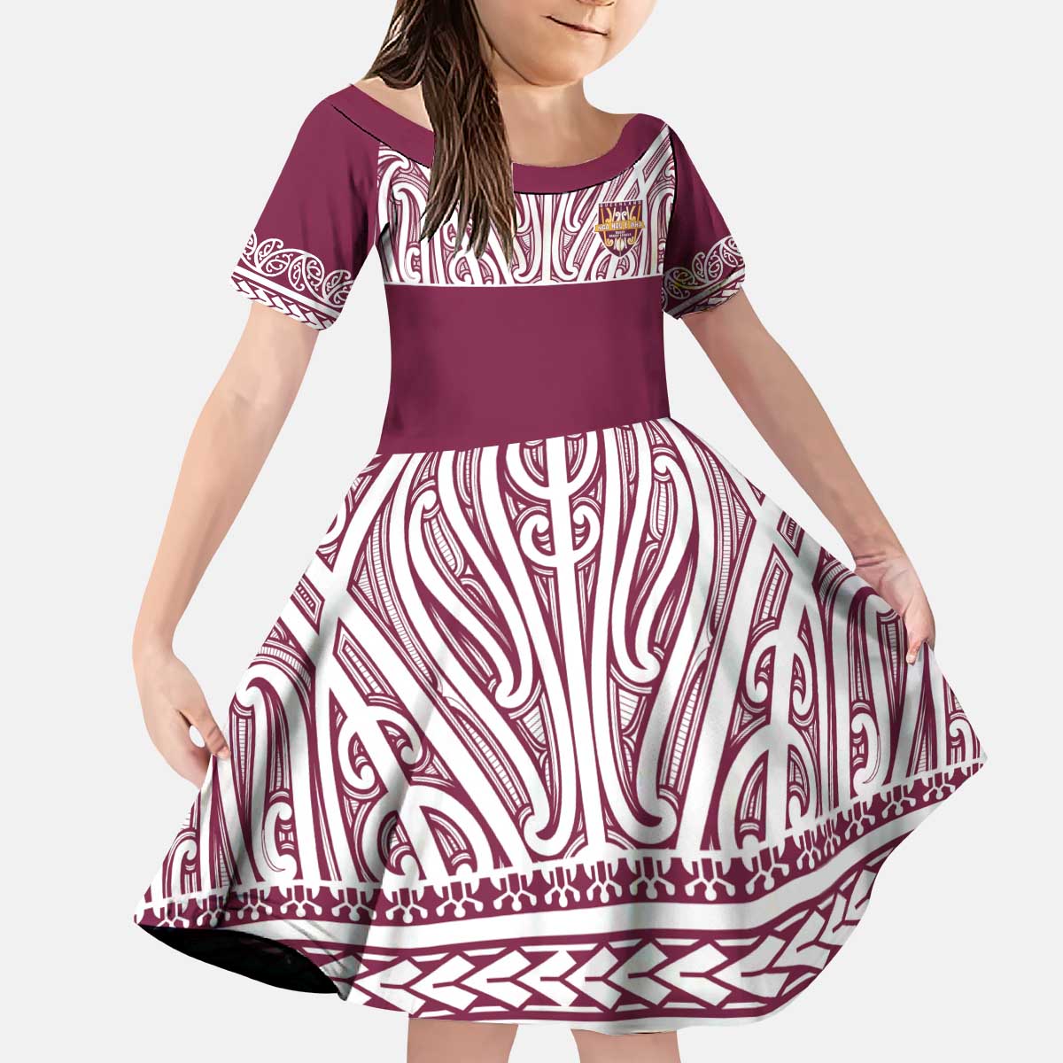 Queensland Maori Nga Hau E Wha Custom Kid Short Sleeve Dress Polynesian Maori Tribal Pattern