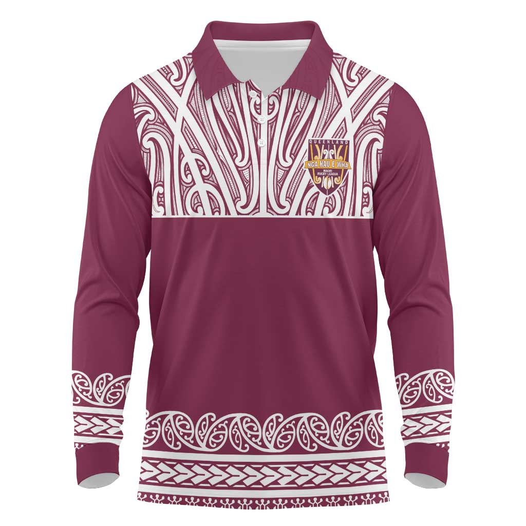 Queensland Maori Nga Hau E Wha Custom Long Sleeve Polo Shirt Polynesian Maori Tribal Pattern
