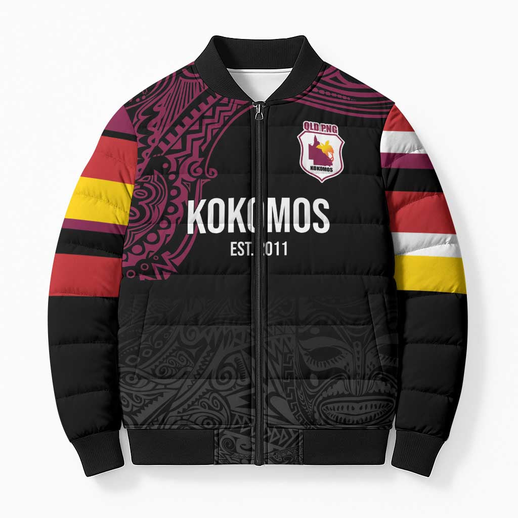 Queensland Papua New Guinea Custom Bomber Puffer Jacket All Black Pacific PNG Tribal Style - Polynesian Pride