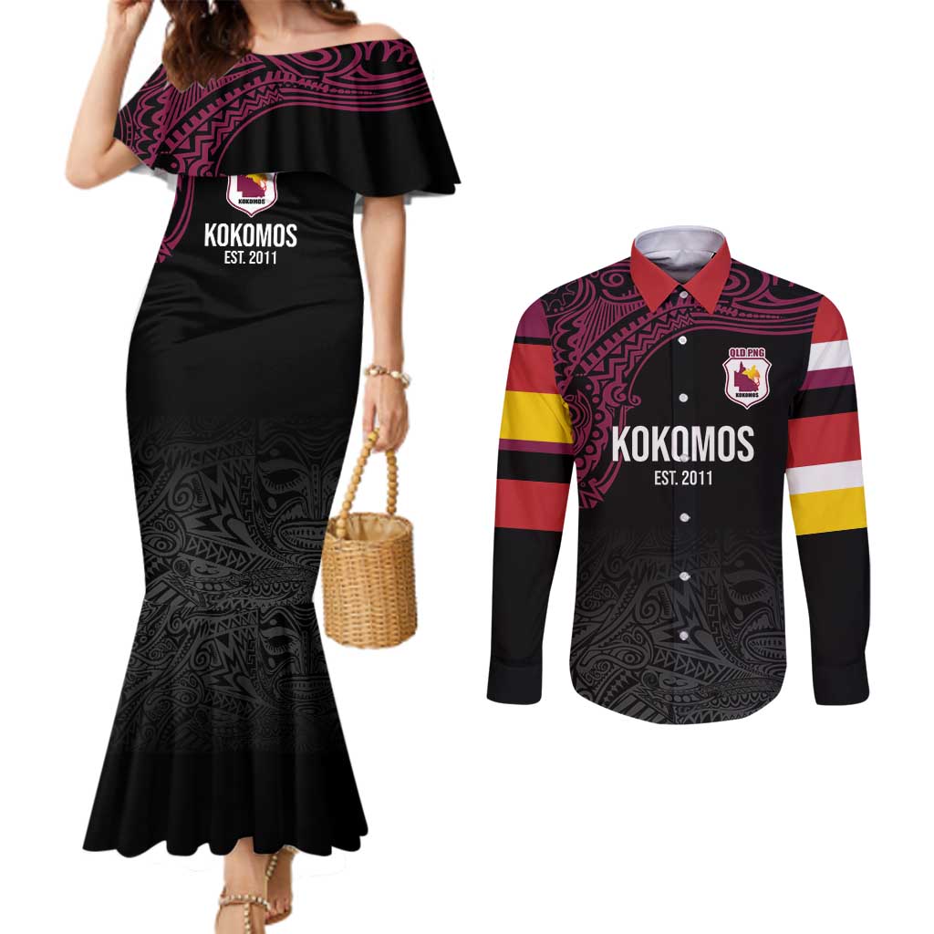 Queensland Papua New Guinea Custom Couples Matching Mermaid Dress and Long Sleeve Button Shirt All Black Pacific PNG Tribal Style