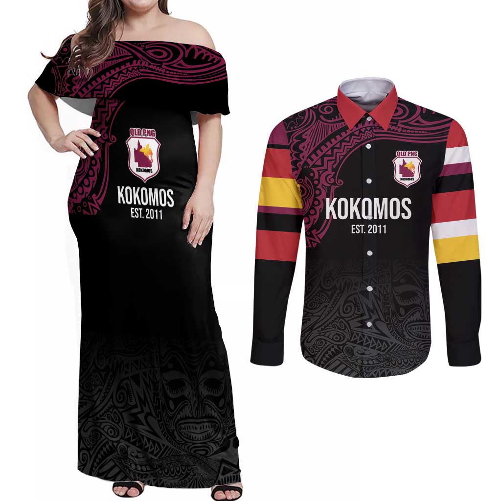 Queensland Papua New Guinea Custom Couples Matching Off Shoulder Maxi Dress and Long Sleeve Button Shirt All Black Pacific PNG Tribal Style