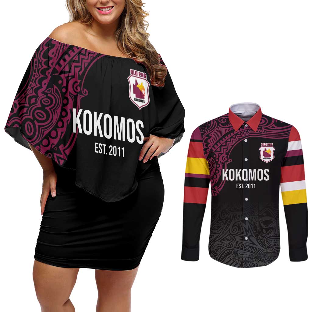 Queensland Papua New Guinea Custom Couples Matching Off Shoulder Short Dress and Long Sleeve Button Shirt All Black Pacific PNG Tribal Style
