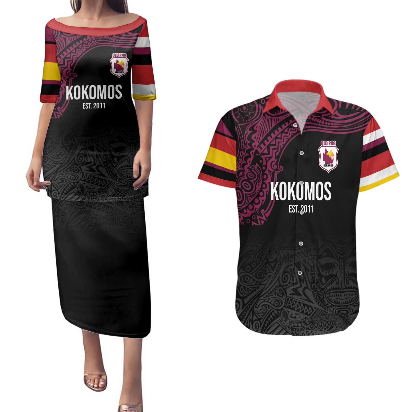 Queensland Papua New Guinea Custom Couples Matching Puletasi and Hawaiian Shirt All Black Pacific PNG Tribal Style
