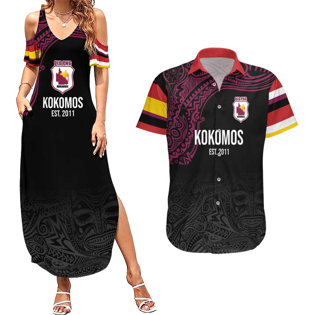 Queensland Papua New Guinea Custom Couples Matching Summer Maxi Dress and Hawaiian Shirt All Black Pacific PNG Tribal Style