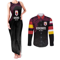 Queensland Papua New Guinea Custom Couples Matching Tank Maxi Dress and Long Sleeve Button Shirt All Black Pacific PNG Tribal Style