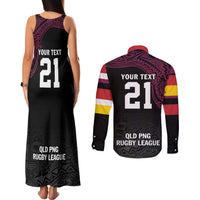 Queensland Papua New Guinea Custom Couples Matching Tank Maxi Dress and Long Sleeve Button Shirt All Black Pacific PNG Tribal Style