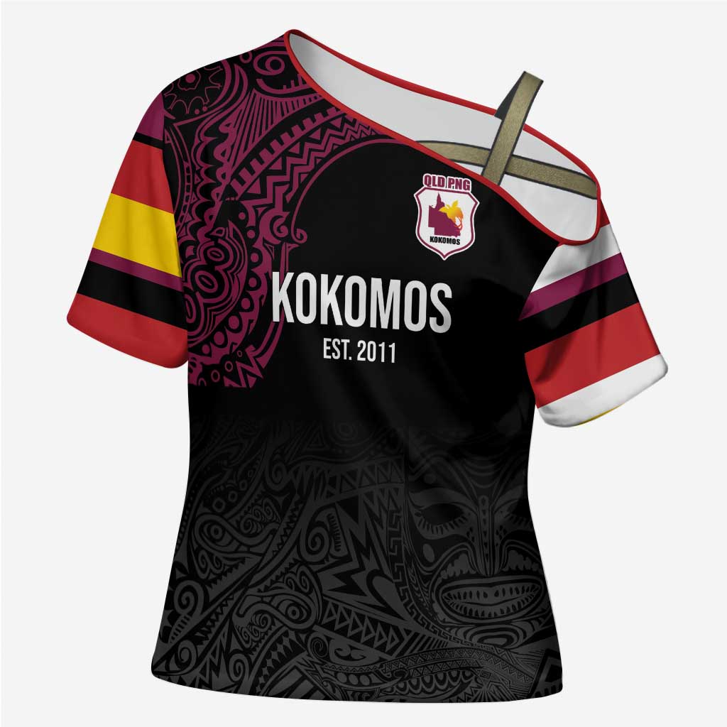 Queensland Papua New Guinea Custom Cross Shoulder Shirt All Black Pacific PNG Tribal Style - Polynesian Pride