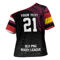 Queensland Papua New Guinea Custom Cross Shoulder Shirt All Black Pacific PNG Tribal Style - Polynesian Pride