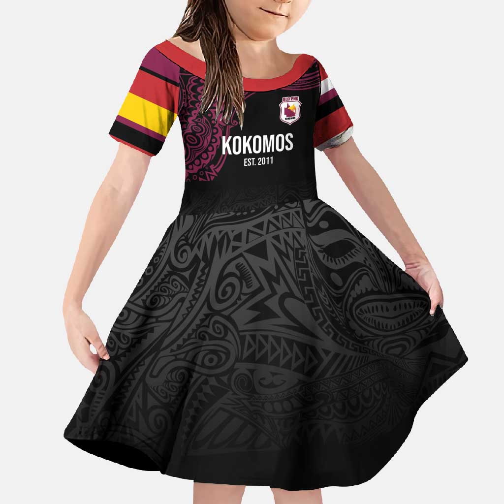 Queensland Papua New Guinea Custom Family Matching Long Sleeve Bodycon Dress and Hawaiian Shirt All Black Pacific PNG Tribal Style LT9 Daughter's Dress Black - Polynesian Pride