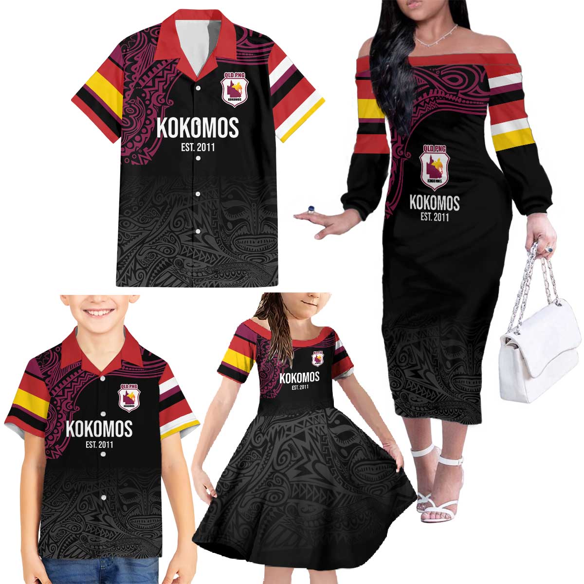 Queensland Papua New Guinea Custom Family Matching Off The Shoulder Long Sleeve Dress and Hawaiian Shirt All Black Pacific PNG Tribal Style