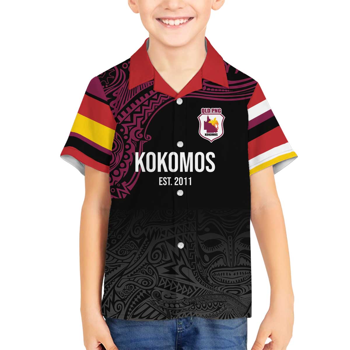 Queensland Papua New Guinea Custom Family Matching Off The Shoulder Long Sleeve Dress and Hawaiian Shirt All Black Pacific PNG Tribal Style