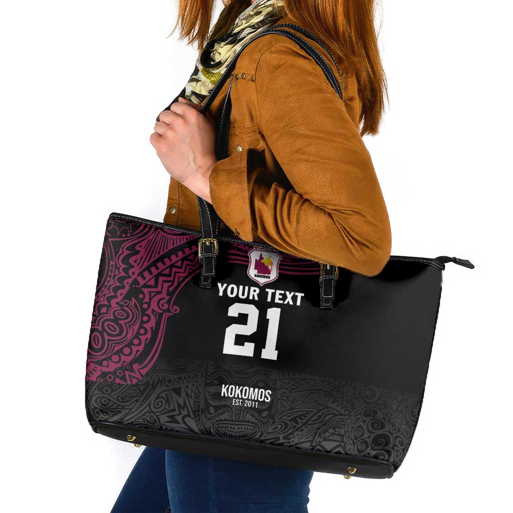 Queensland Papua New Guinea Custom Leather Tote Bag All Black Pacific PNG Tribal Style