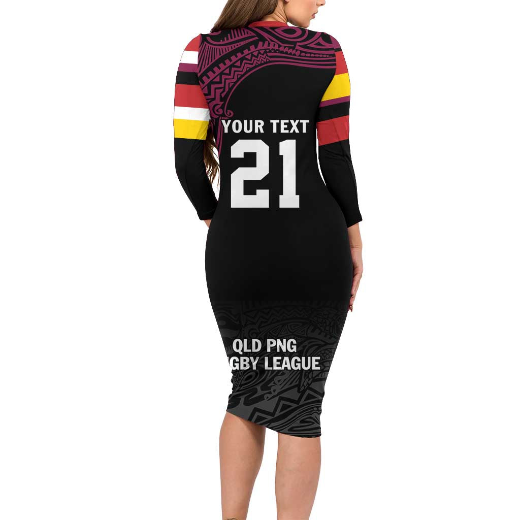 Queensland Papua New Guinea Custom Long Sleeve Bodycon Dress All Black Pacific PNG Tribal Style