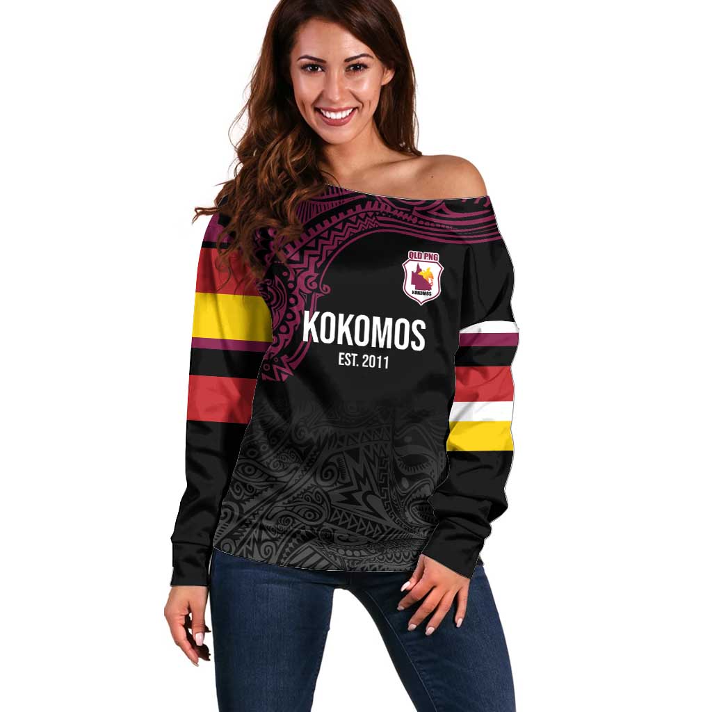 Queensland Papua New Guinea Custom Off Shoulder Sweater All Black Pacific PNG Tribal Style
