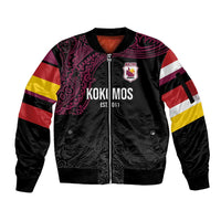 Queensland Papua New Guinea Custom Sleeve Zip Bomber Jacket All Black Pacific PNG Tribal Style