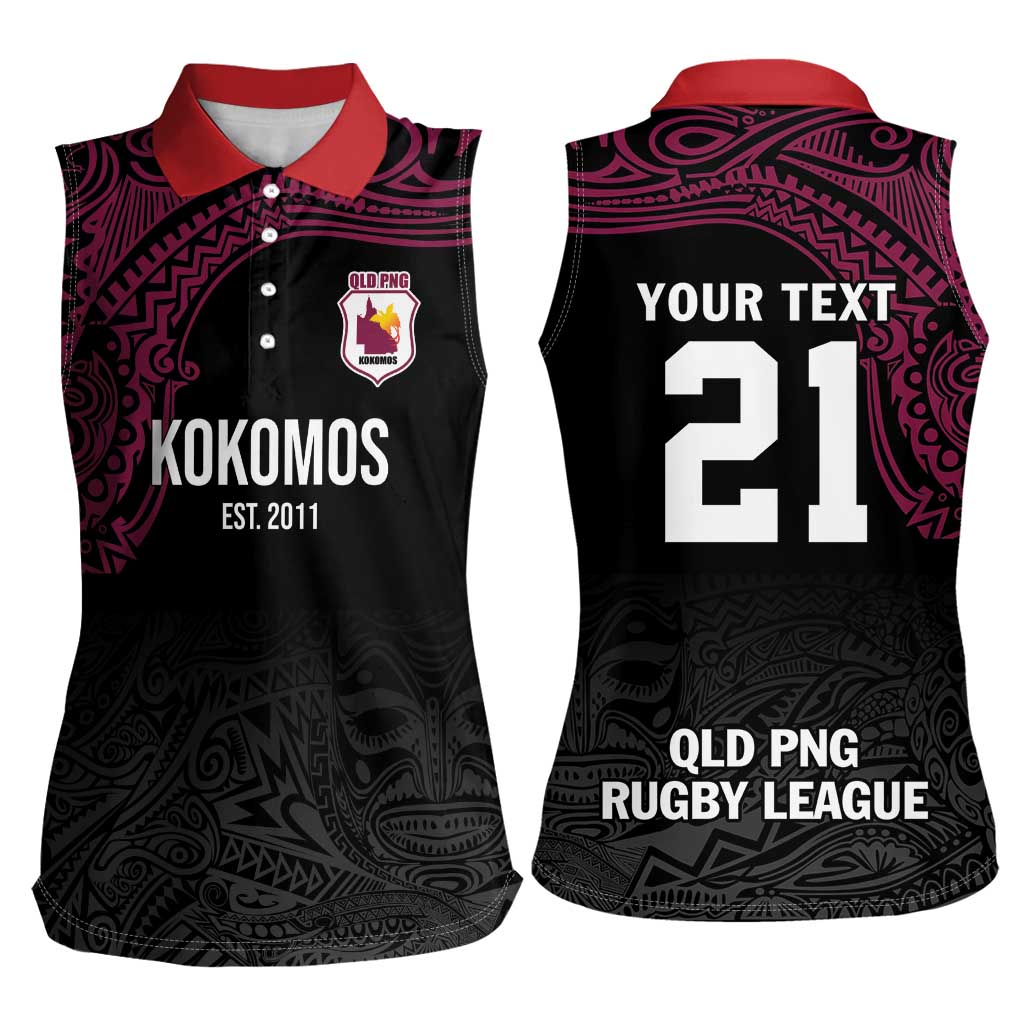 Queensland Papua New Guinea Custom Women Sleeveless Polo Shirt All Black Pacific PNG Tribal Style