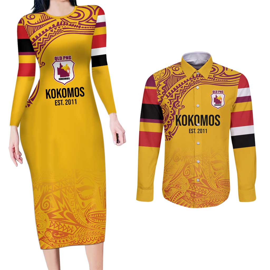 Queensland Papua New Guinea Custom Couples Matching Long Sleeve Bodycon Dress and Long Sleeve Button Shirt All Gold Pacific PNG Tribal Style