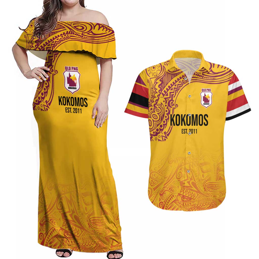 Queensland Papua New Guinea Custom Couples Matching Off Shoulder Maxi Dress and Hawaiian Shirt All Gold Pacific PNG Tribal Style