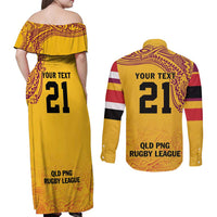 Queensland Papua New Guinea Custom Couples Matching Off Shoulder Maxi Dress and Long Sleeve Button Shirt All Gold Pacific PNG Tribal Style