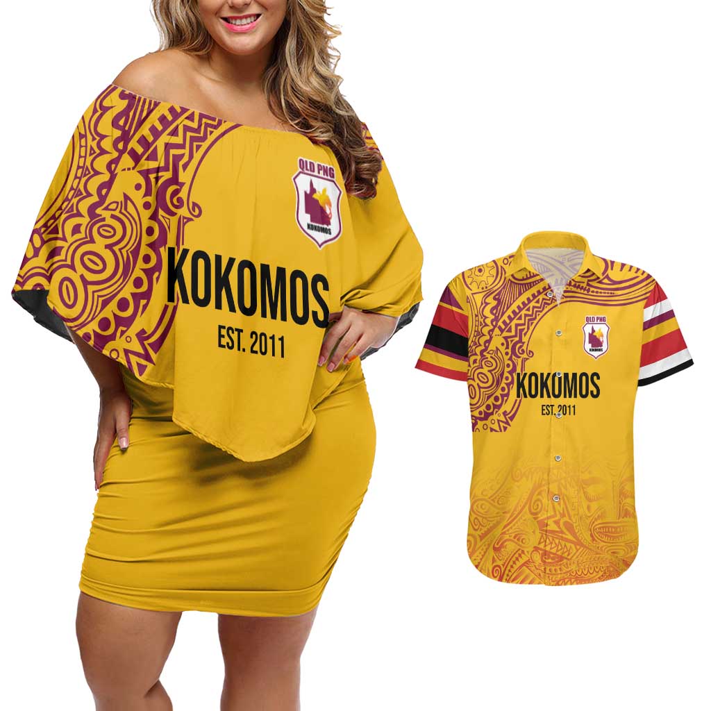 Queensland Papua New Guinea Custom Couples Matching Off Shoulder Short Dress and Hawaiian Shirt All Gold Pacific PNG Tribal Style