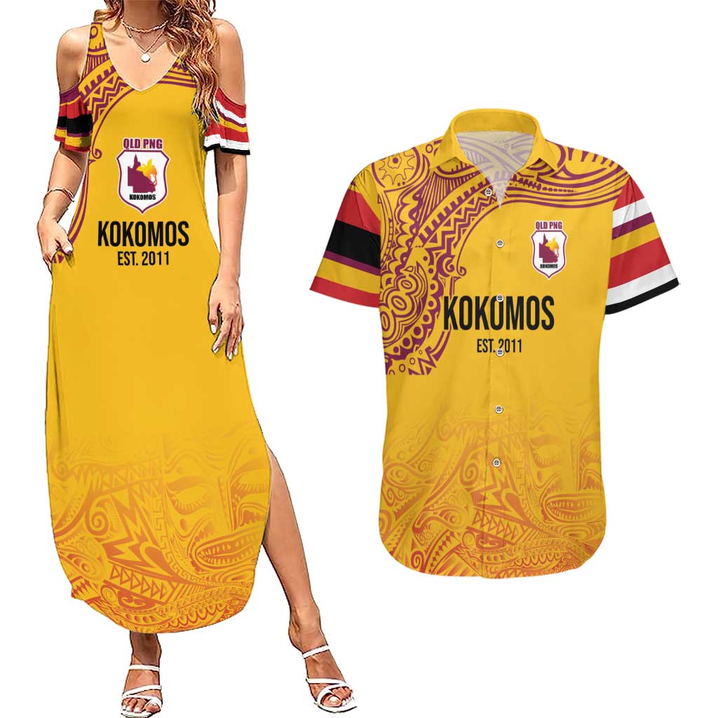Queensland Papua New Guinea Custom Couples Matching Summer Maxi Dress and Hawaiian Shirt All Gold Pacific PNG Tribal Style LT9 Gold - Polynesian Pride