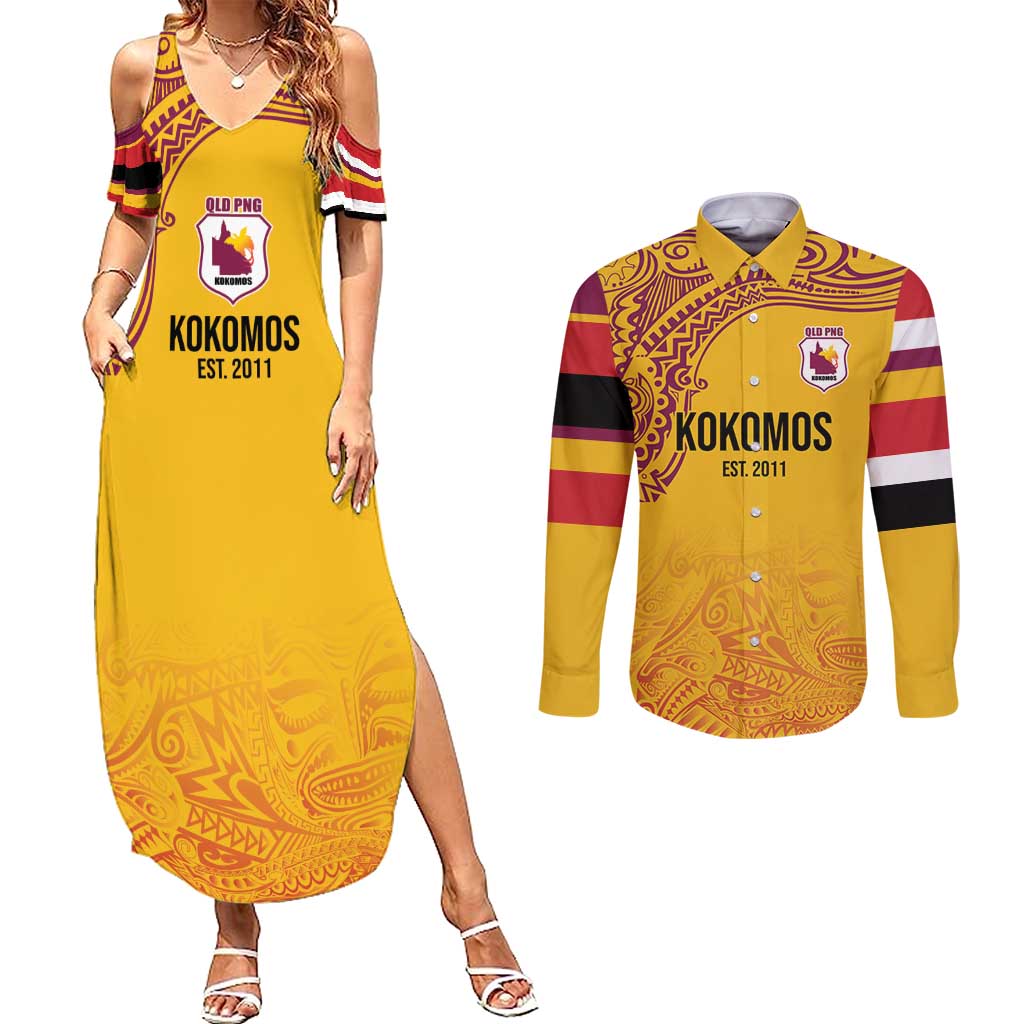 Queensland Papua New Guinea Custom Couples Matching Summer Maxi Dress and Long Sleeve Button Shirt All Gold Pacific PNG Tribal Style
