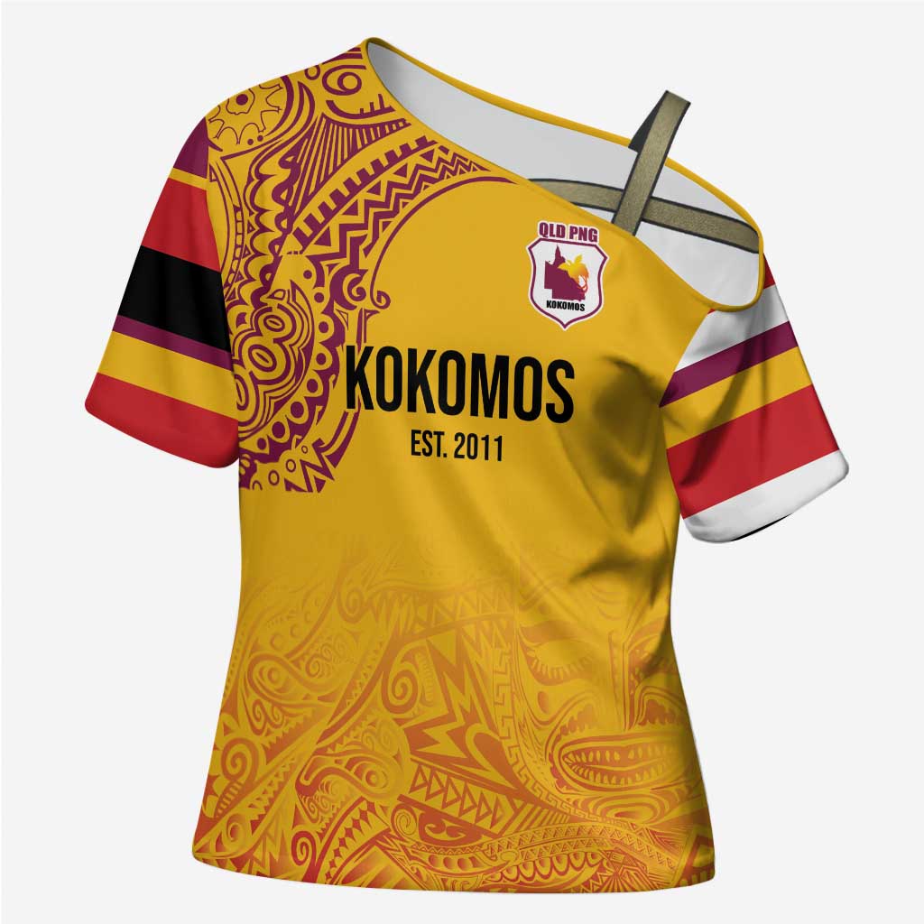 Queensland Papua New Guinea Custom Cross Shoulder Shirt All Gold Pacific PNG Tribal Style - Polynesian Pride