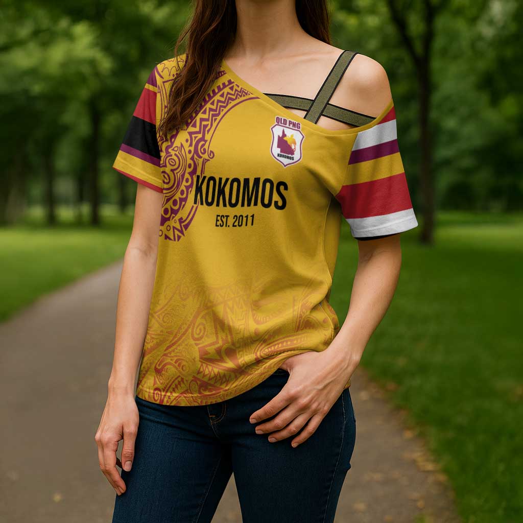 Queensland Papua New Guinea Custom Cross Shoulder Shirt All Gold Pacific PNG Tribal Style - Polynesian Pride