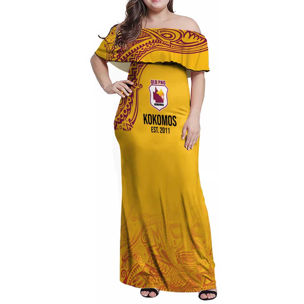 Queensland Papua New Guinea Custom Family Matching Off Shoulder Maxi Dress and Hawaiian Shirt All Gold Pacific PNG Tribal Style