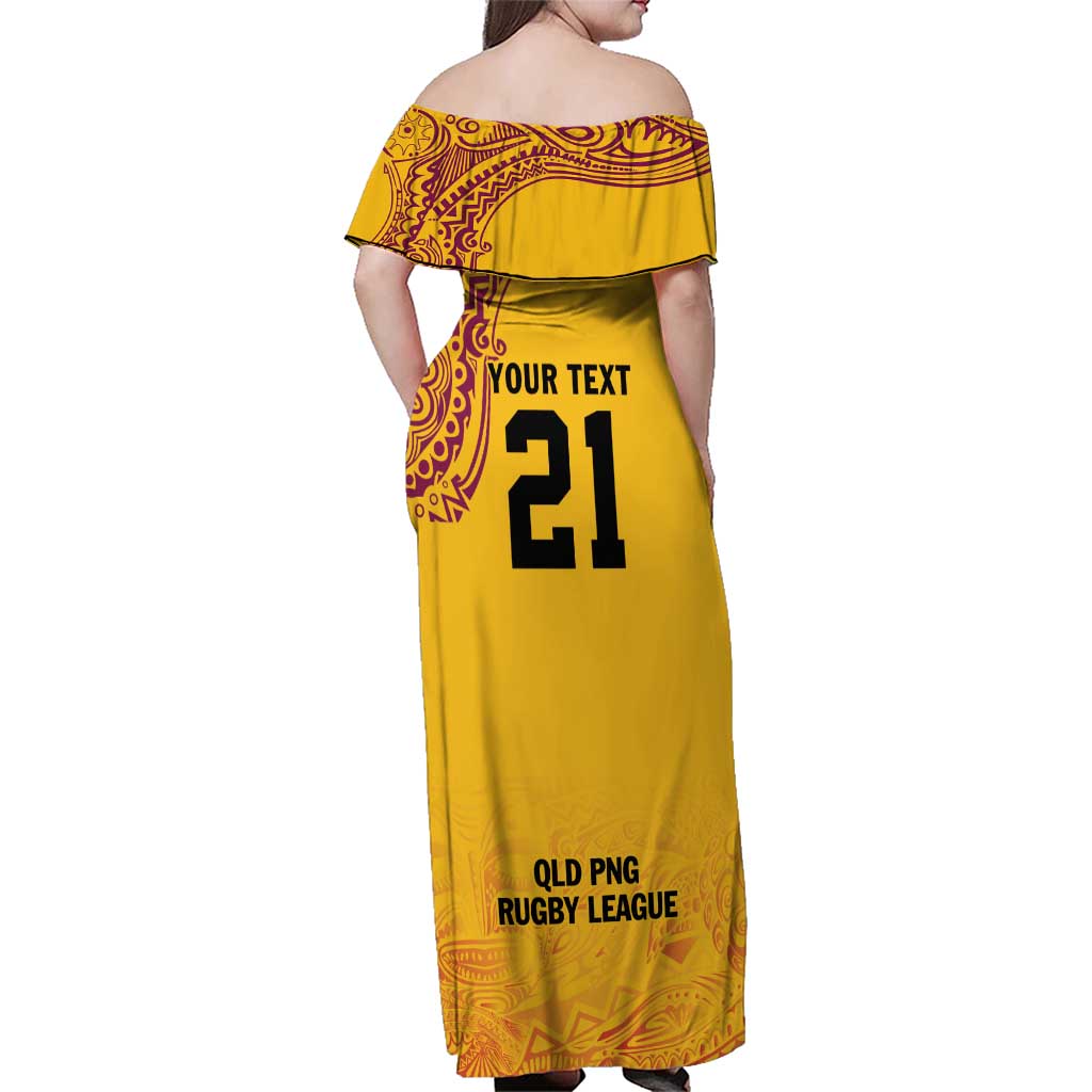 Queensland Papua New Guinea Custom Family Matching Off Shoulder Maxi Dress and Hawaiian Shirt All Gold Pacific PNG Tribal Style