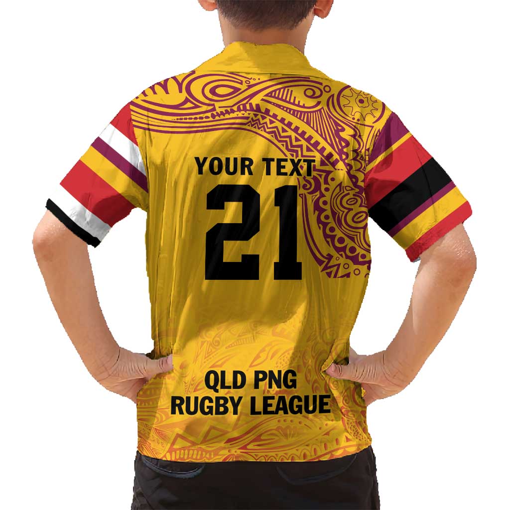 Queensland Papua New Guinea Custom Family Matching Off Shoulder Short Dress and Hawaiian Shirt All Gold Pacific PNG Tribal Style