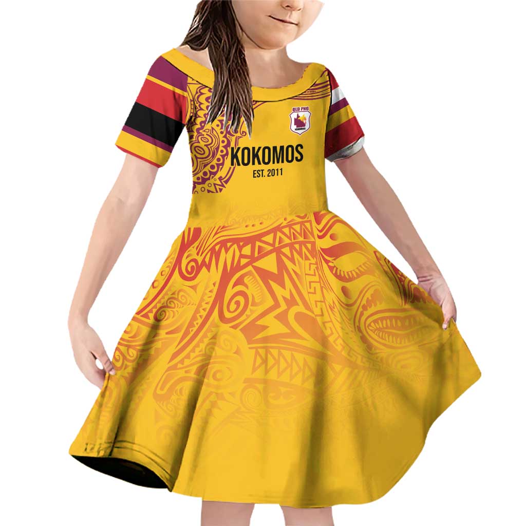 Queensland Papua New Guinea Custom Family Matching Off Shoulder Short Dress and Hawaiian Shirt All Gold Pacific PNG Tribal Style