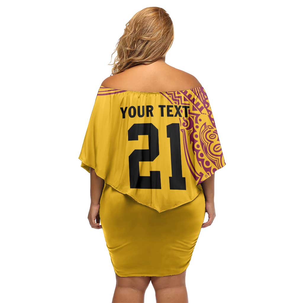 Queensland Papua New Guinea Custom Family Matching Off Shoulder Short Dress and Hawaiian Shirt All Gold Pacific PNG Tribal Style