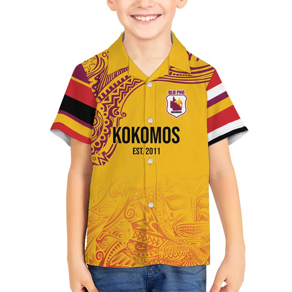 Queensland Papua New Guinea Custom Family Matching Off Shoulder Short Dress and Hawaiian Shirt All Gold Pacific PNG Tribal Style