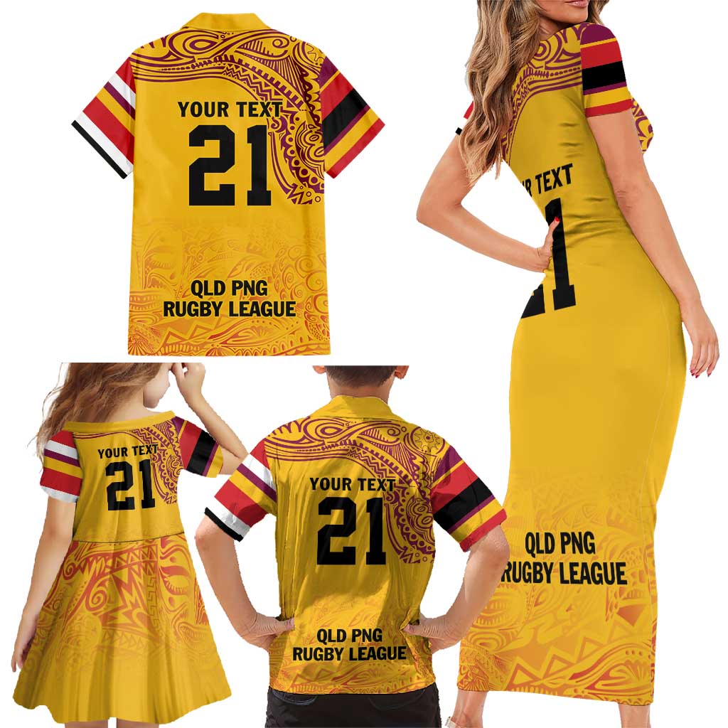 Queensland Papua New Guinea Custom Family Matching Short Sleeve Bodycon Dress and Hawaiian Shirt All Gold Pacific PNG Tribal Style
