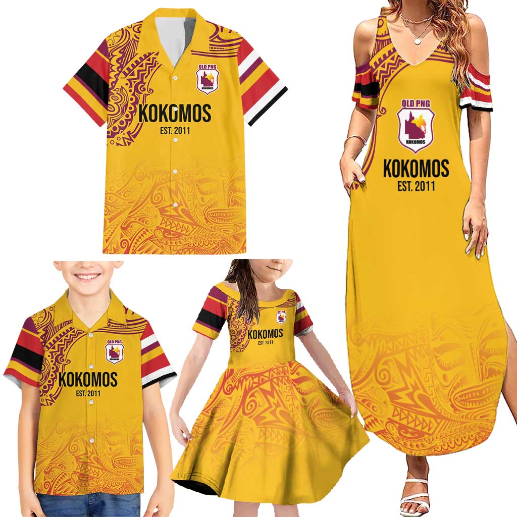 Queensland Papua New Guinea Custom Family Matching Summer Maxi Dress and Hawaiian Shirt All Gold Pacific PNG Tribal Style