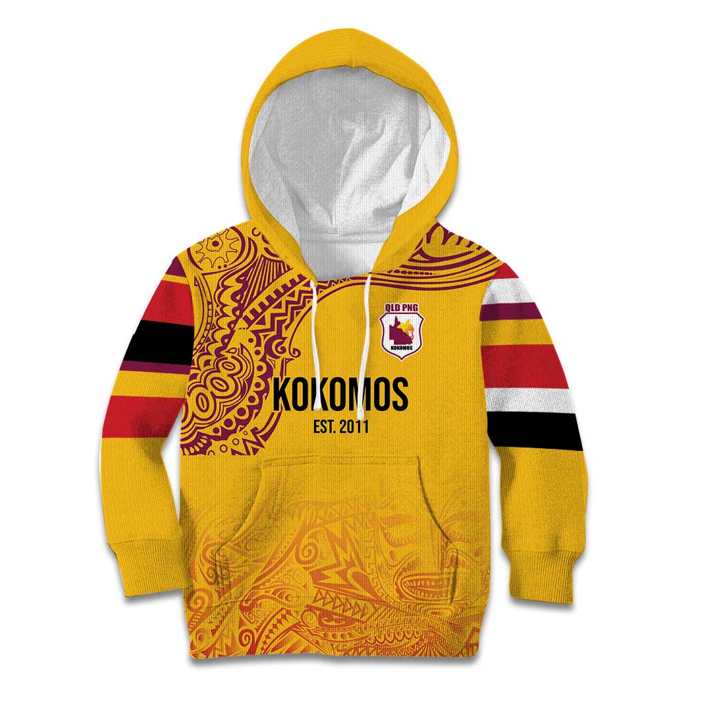 Queensland Papua New Guinea Custom Kid Hoodie All Gold Pacific PNG Tribal Style