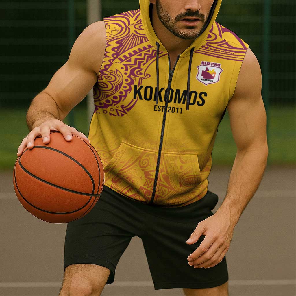 Queensland Papua New Guinea Custom Sleeveless Zip Hoodie All Gold Pacific PNG Tribal Style - Polynesian Pride