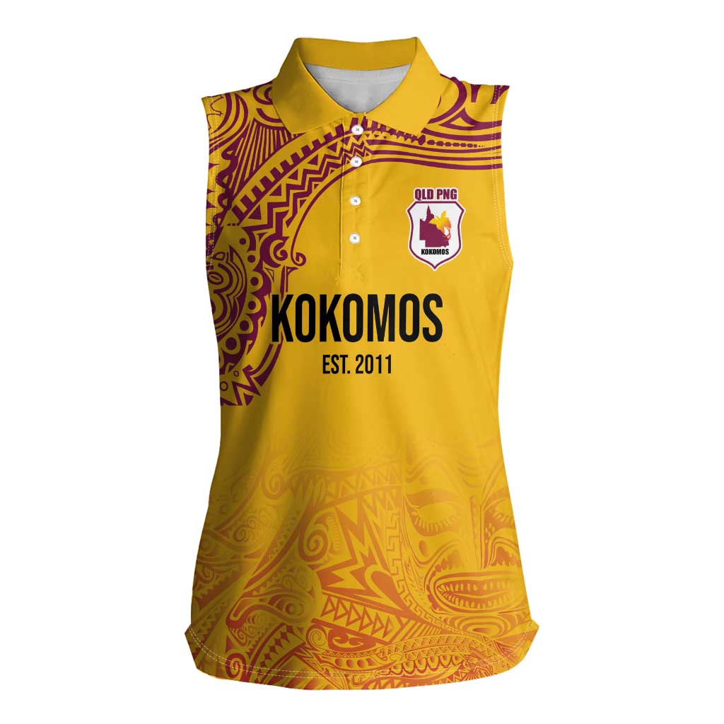 Queensland Papua New Guinea Custom Women Sleeveless Polo Shirt All Gold Pacific PNG Tribal Style