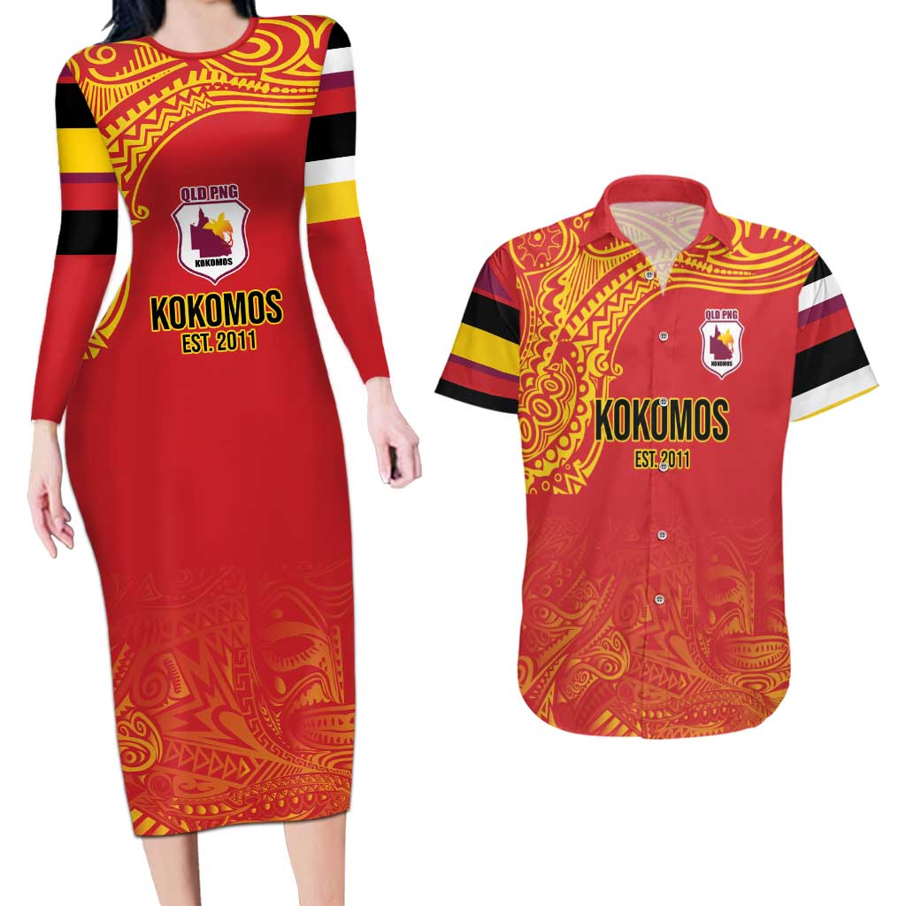 Queensland Papua New Guinea Custom Couples Matching Long Sleeve Bodycon Dress and Hawaiian Shirt All Red Pacific PNG Tribal Style