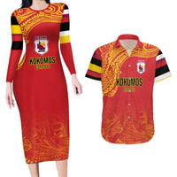 Queensland Papua New Guinea Custom Couples Matching Long Sleeve Bodycon Dress and Hawaiian Shirt All Red Pacific PNG Tribal Style