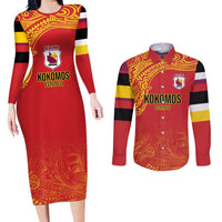 Queensland Papua New Guinea Custom Couples Matching Long Sleeve Bodycon Dress and Long Sleeve Button Shirt All Red Pacific PNG Tribal Style