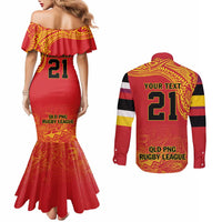 Queensland Papua New Guinea Custom Couples Matching Mermaid Dress and Long Sleeve Button Shirt All Red Pacific PNG Tribal Style