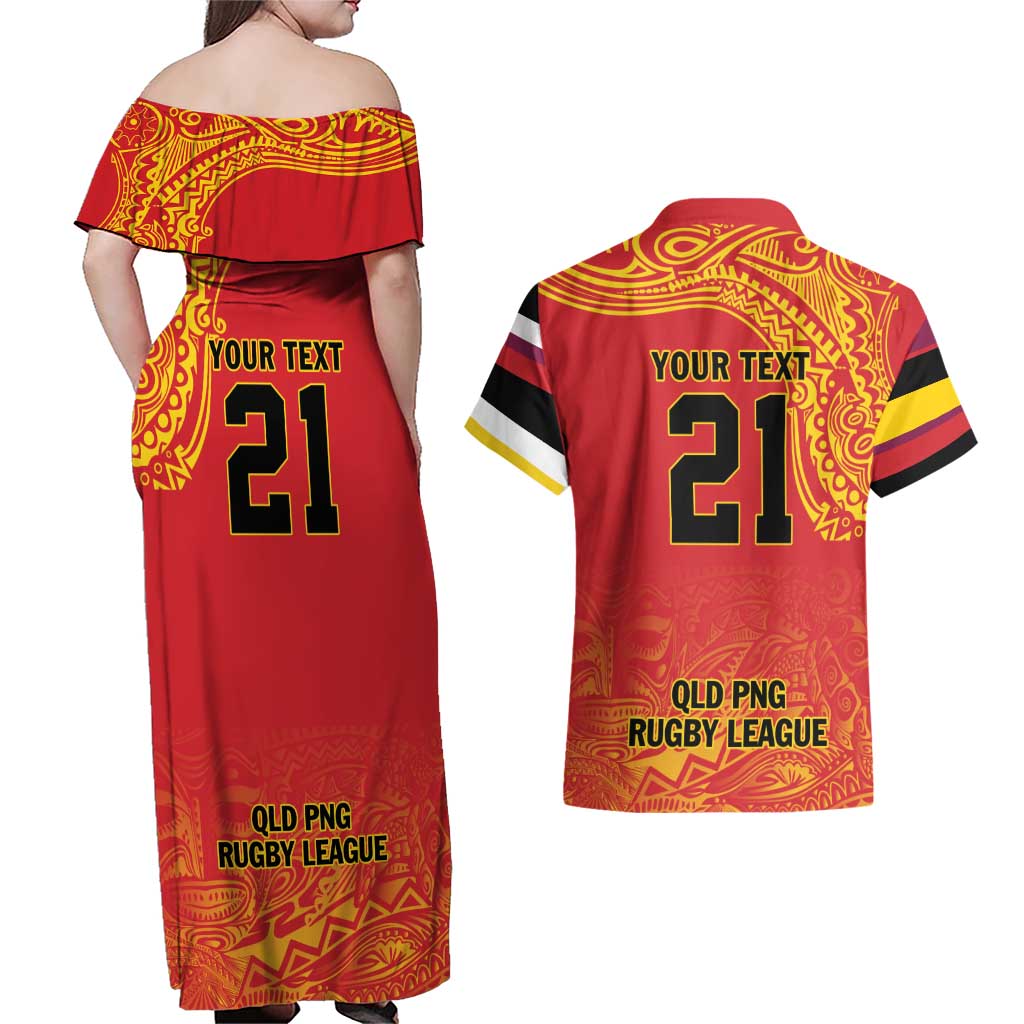Queensland Papua New Guinea Custom Couples Matching Off Shoulder Maxi Dress and Hawaiian Shirt All Red Pacific PNG Tribal Style