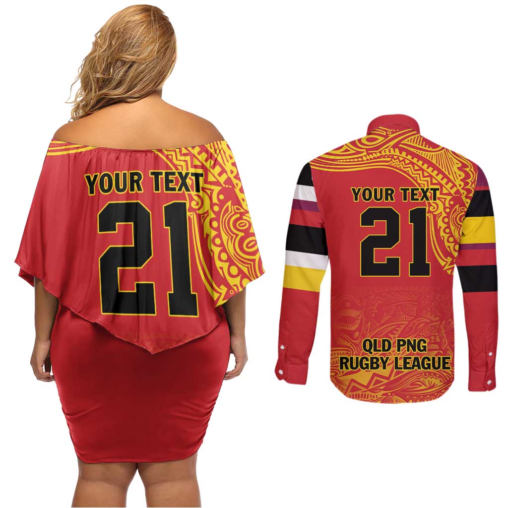 Queensland Papua New Guinea Custom Couples Matching Off Shoulder Short Dress and Long Sleeve Button Shirt All Red Pacific PNG Tribal Style