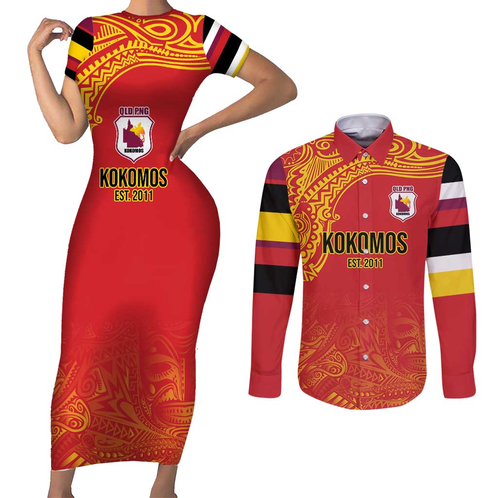 Queensland Papua New Guinea Custom Couples Matching Short Sleeve Bodycon Dress and Long Sleeve Button Shirt All Red Pacific PNG Tribal Style